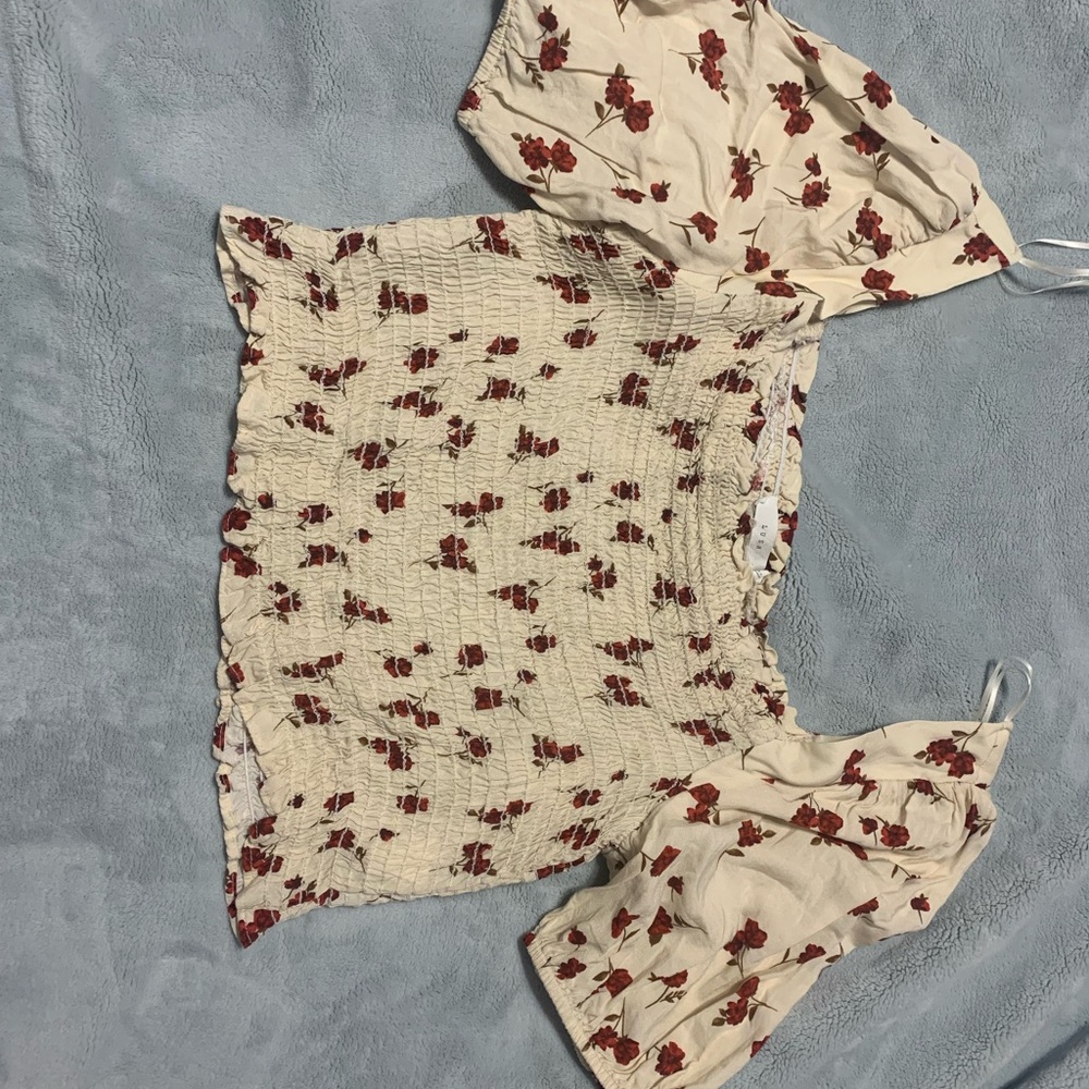 Lush Cream Floral Smocked Off-Shoulder Top with Red Rose Print